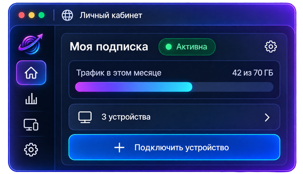 Окно личного кабинета: подписка, трафик и устройства